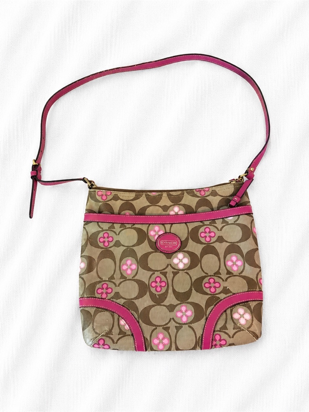 Coach F20841 Signature Floral Print File Bag Pink Patent Trim Shoulder Purse